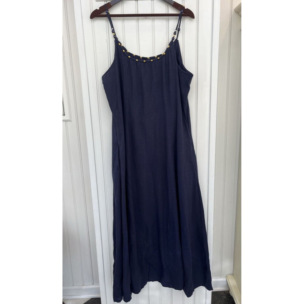 Calypso St Barth XXL Navy Blue Linen Beaded Maxi Slip Dress Beach Resort Boho
